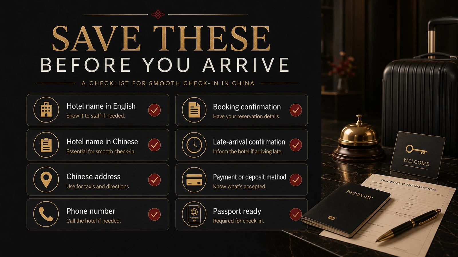 Hotel check-in ready checklist with Chinese address, phone number, booking confirmation, late-arrival confirmation, payment or deposit method and passport ready