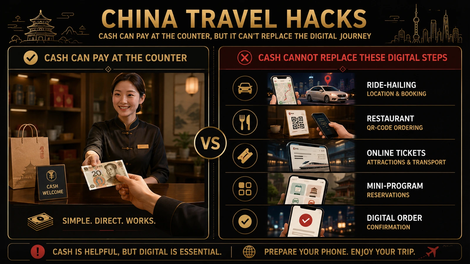 Cash can complete a counter payment but cannot replace ride-hailing, QR ordering, online tickets, Mini Program reservations, or digital order confirmation