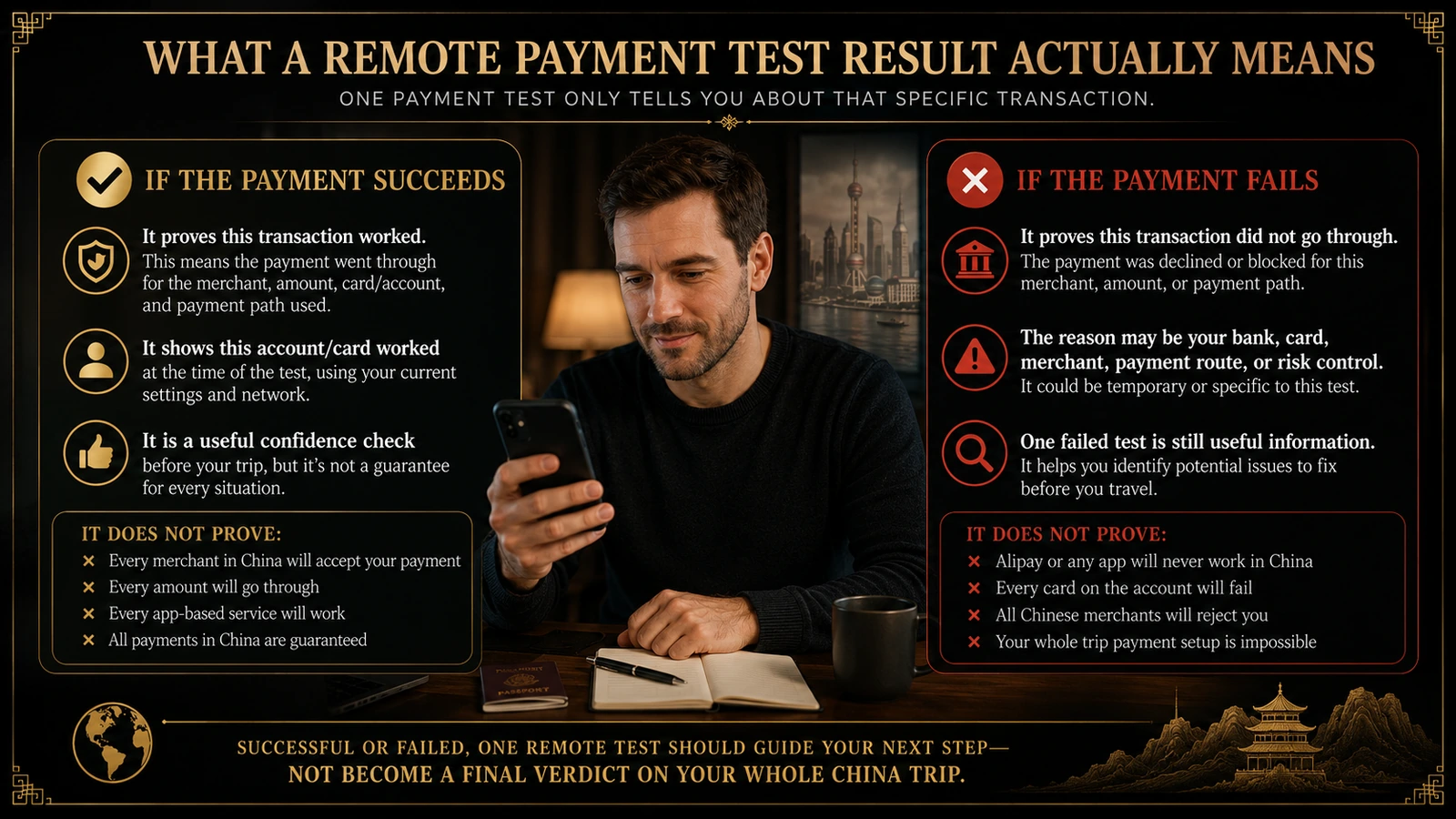 A successful remote payment proves one transaction worked, while a failed payment proves only that one transaction did not go through