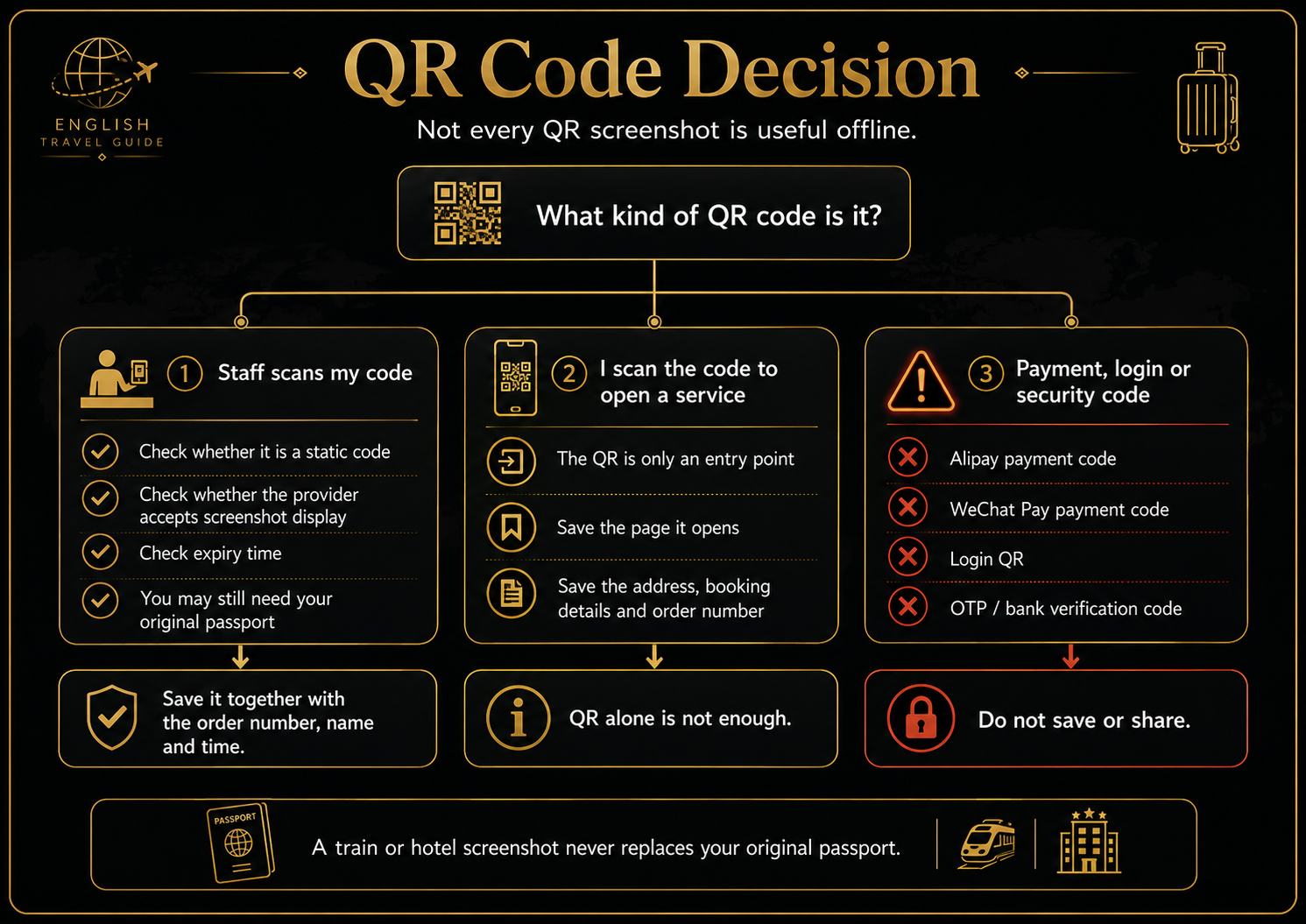 Black-and-gold QR-code decision guide separating static ticket codes, service-entry codes, and payment or security codes