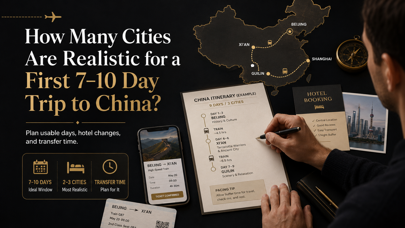 Dark black-and-gold editorial image about planning a realistic 7–10 day China trip around usable days, hotel changes and transfer time.