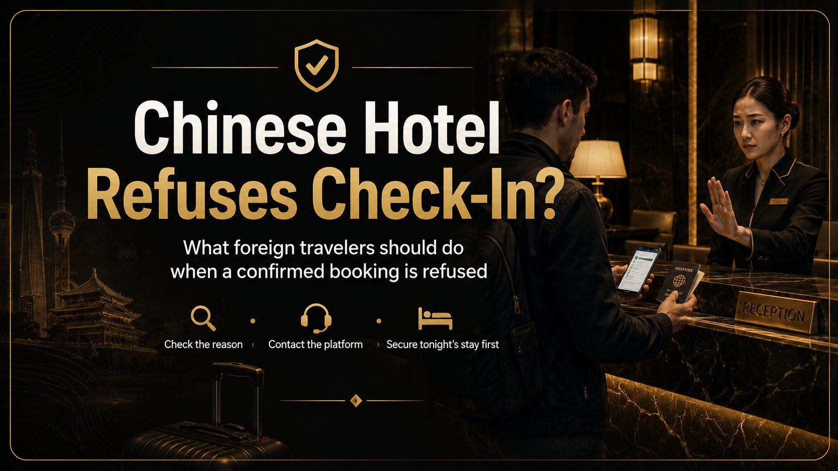 Black-and-gold cover image showing a foreign traveler at a Chinese hotel front desk after a confirmed booking is refused, with guidance to check the reason, contact the platform...