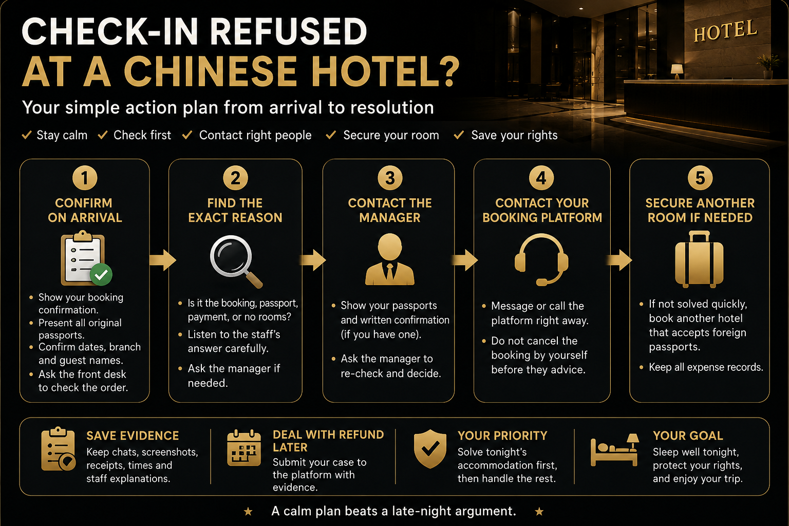 Black-and-gold action plan showing how to check the booking, ask for the exact reason, contact the manager and booking platform, and secure another hotel room