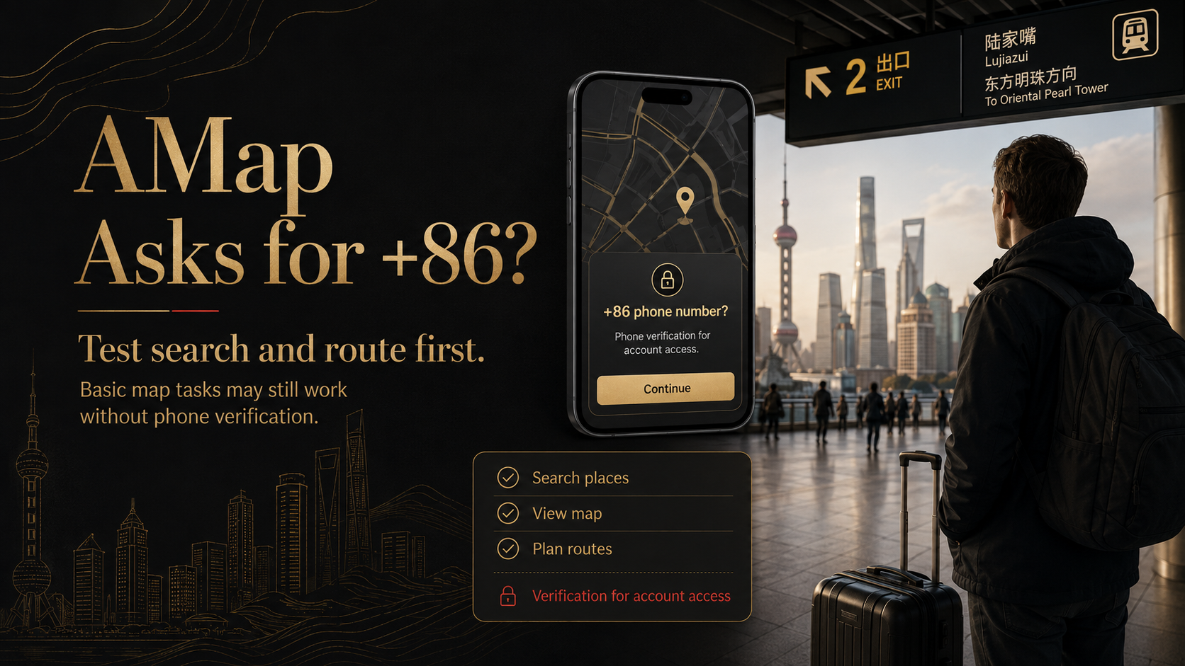 Black-and-gold guide showing that an Amap +86 prompt may affect account access while travelers should test place search, map viewing, and route planning first