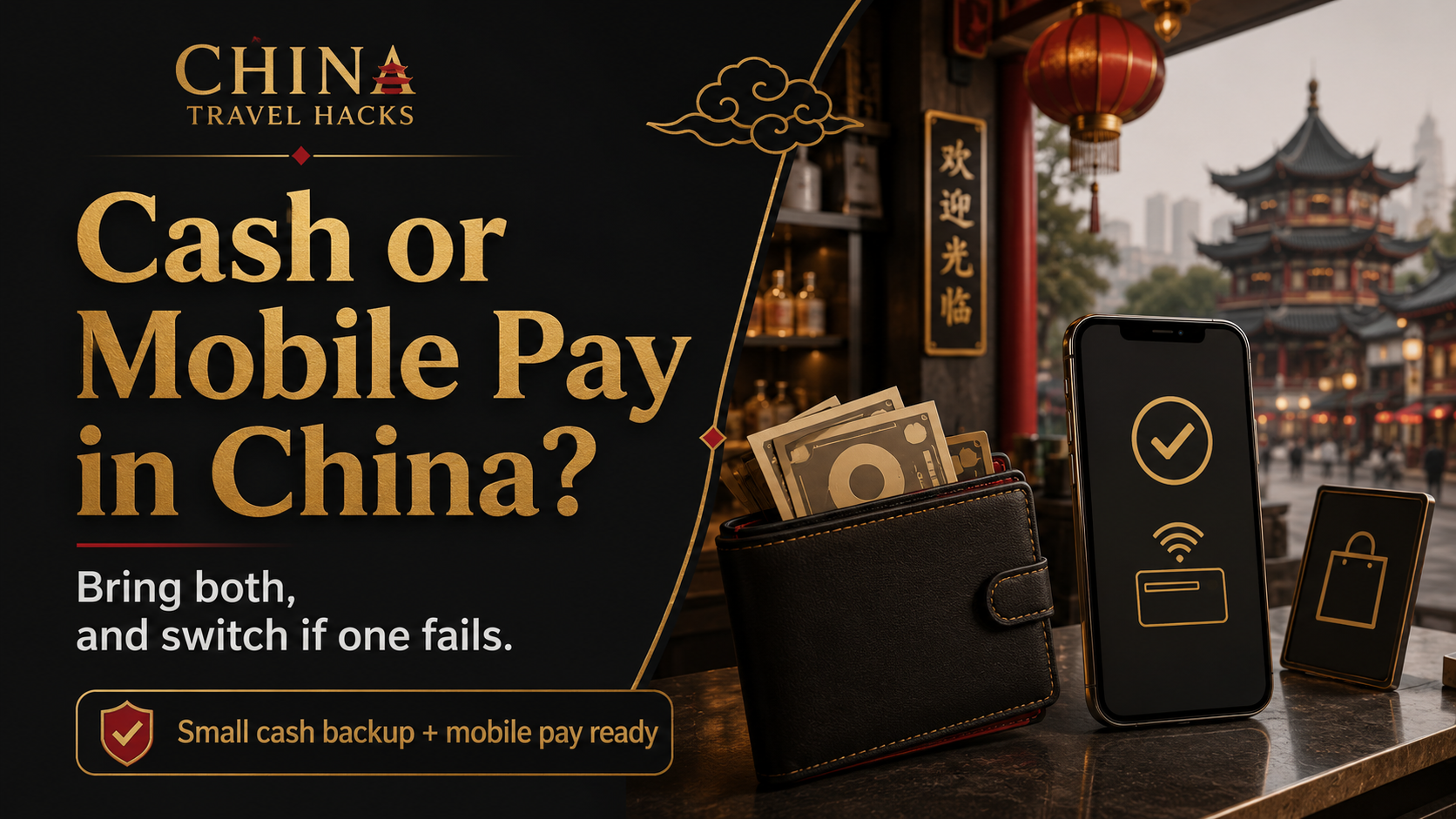 Black-and-gold travel cover showing a wallet, a generic mobile payment phone, and the message that travelers should prepare both cash and mobile payment in China.