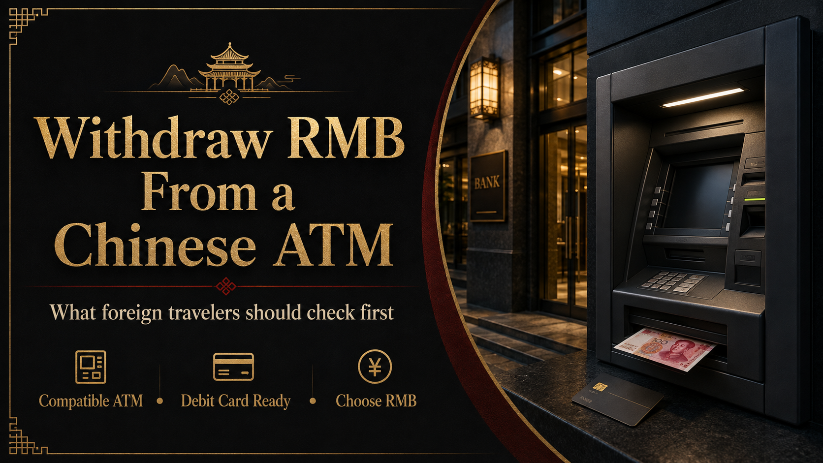 Black-and-gold cover showing a bank ATM, a generic foreign debit card, and an RMB cash withdrawal in China.
