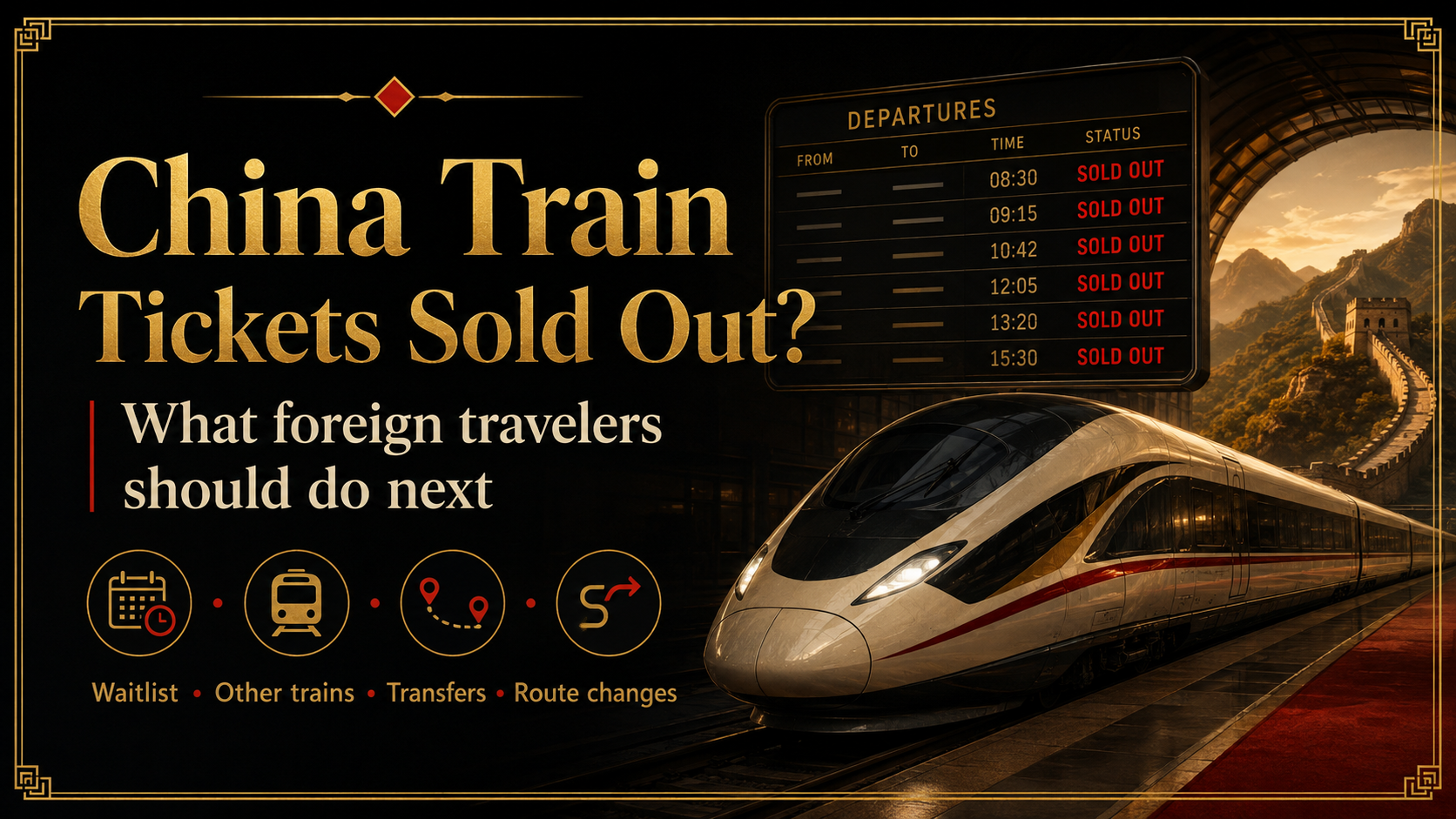 Black-and-gold cover showing a China high-speed train, a sold-out departure board, and the main backup choices for foreign travelers.