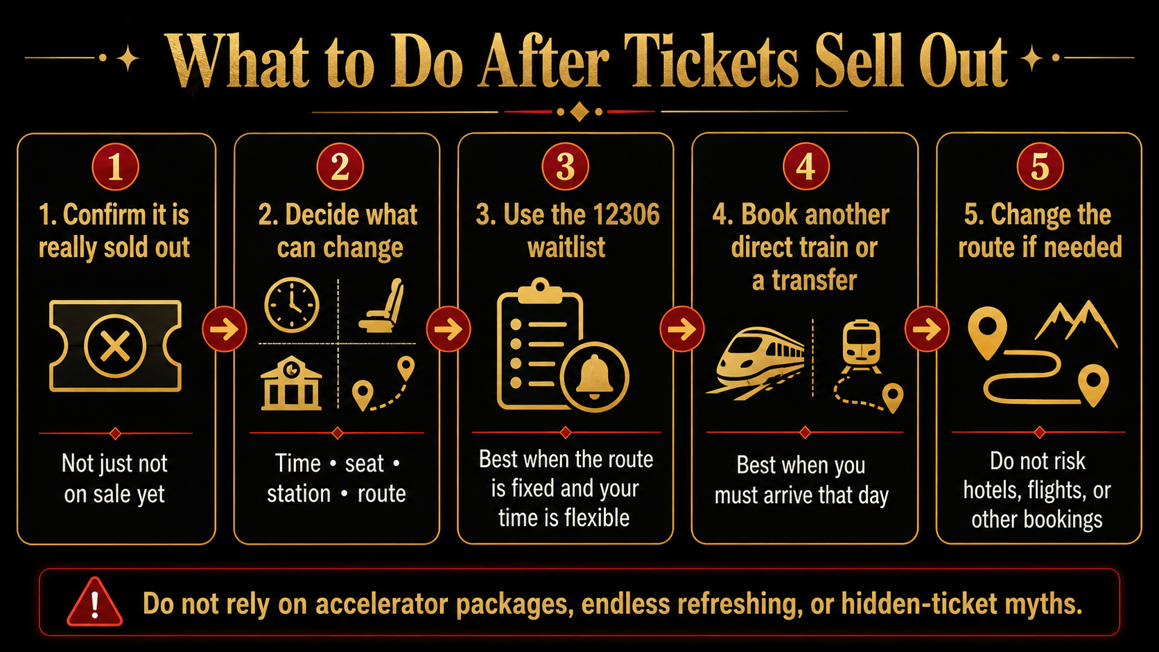 Black-and-gold five-step decision flow for foreign travelers after China train tickets sell out