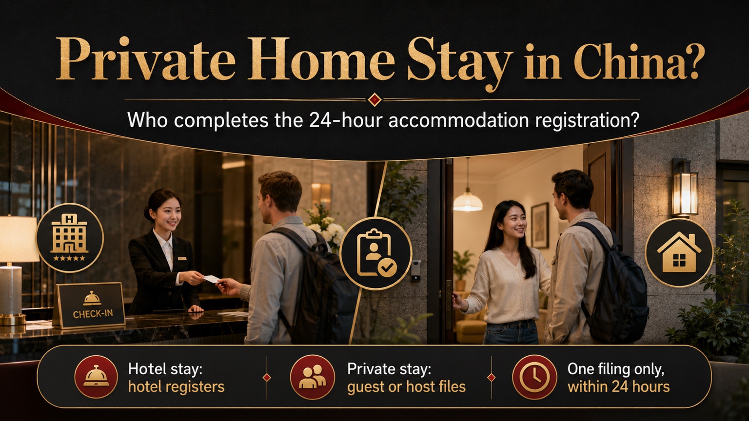 Black-and-gold cover comparing hotel registration with private-home accommodation registration for foreign travelers in China.