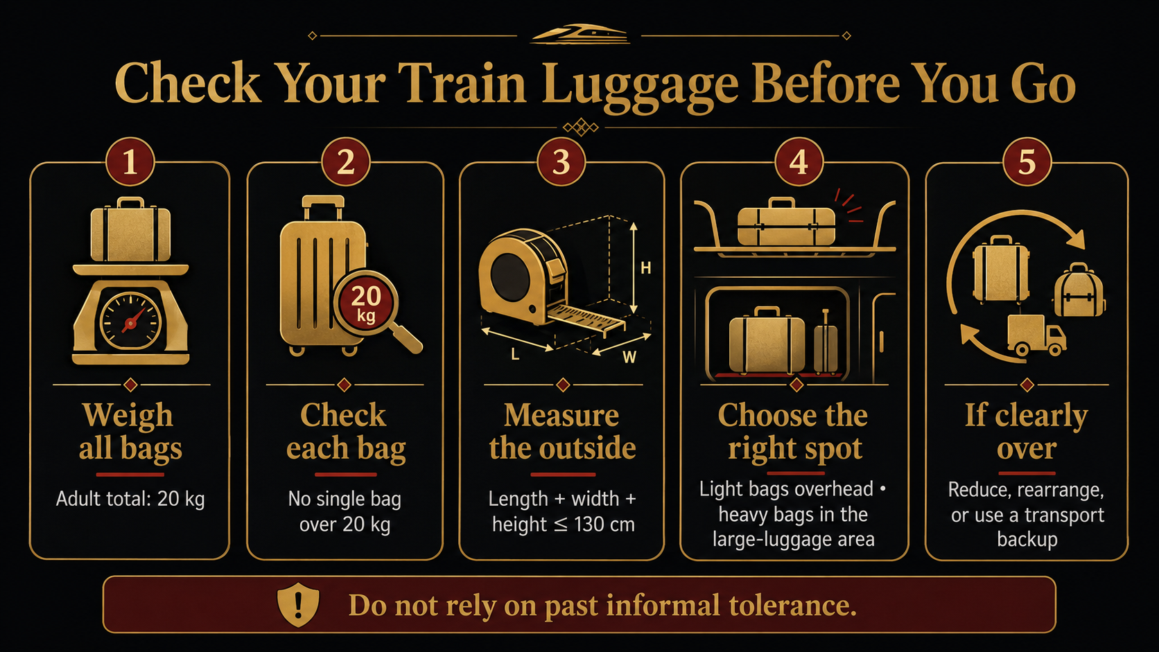 Five checks before taking luggage on a China high-speed train: weigh all bags, check each item, measure the outside, choose the correct storage area, and use a backup for clearly oversized luggage.