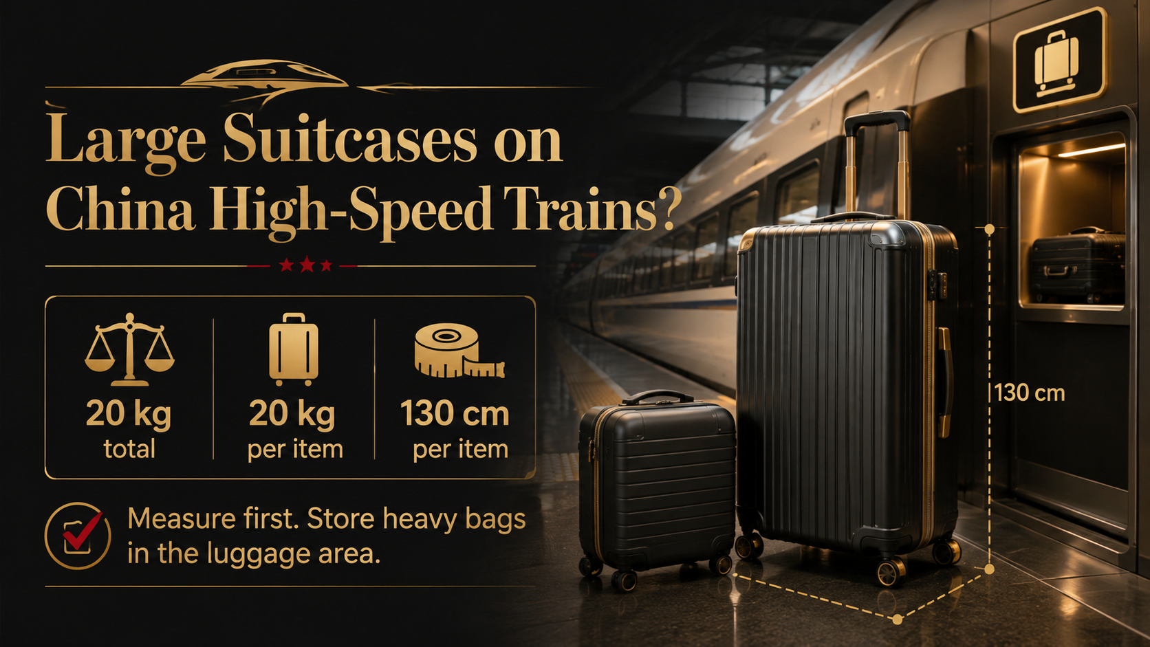 Black-and-gold China high-speed train luggage guide showing large suitcases, the 20 kg limits, the 130 cm size rule, and a large-luggage storage area.
