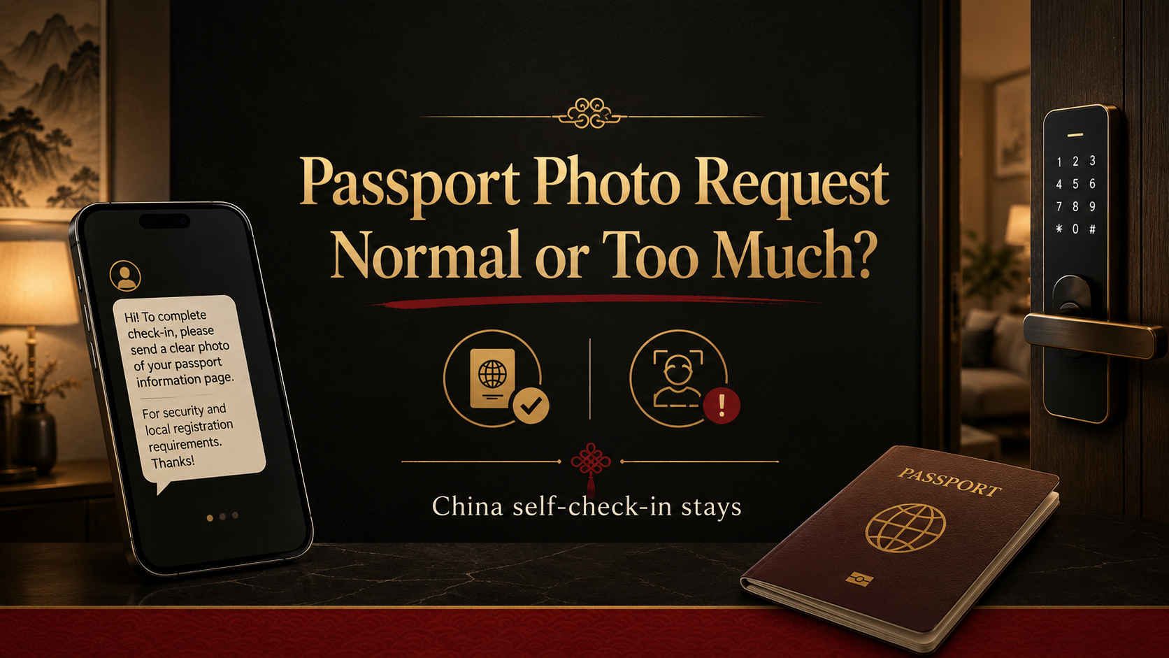 Black-and-gold self-check-in scene with a smart lock, host message, passport, and a warning that passport photos and ID selfies require different checks.